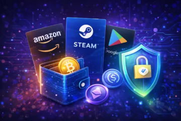 Secure crypto gift card payments illustrated with lock, wallet, and verified brands