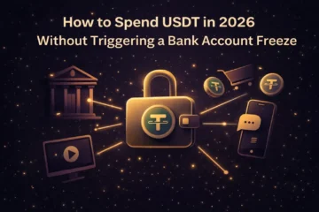 USDT Tether coin with a blocked bank building and gift cards in the background — how to spend USDT without triggering a bank account freeze