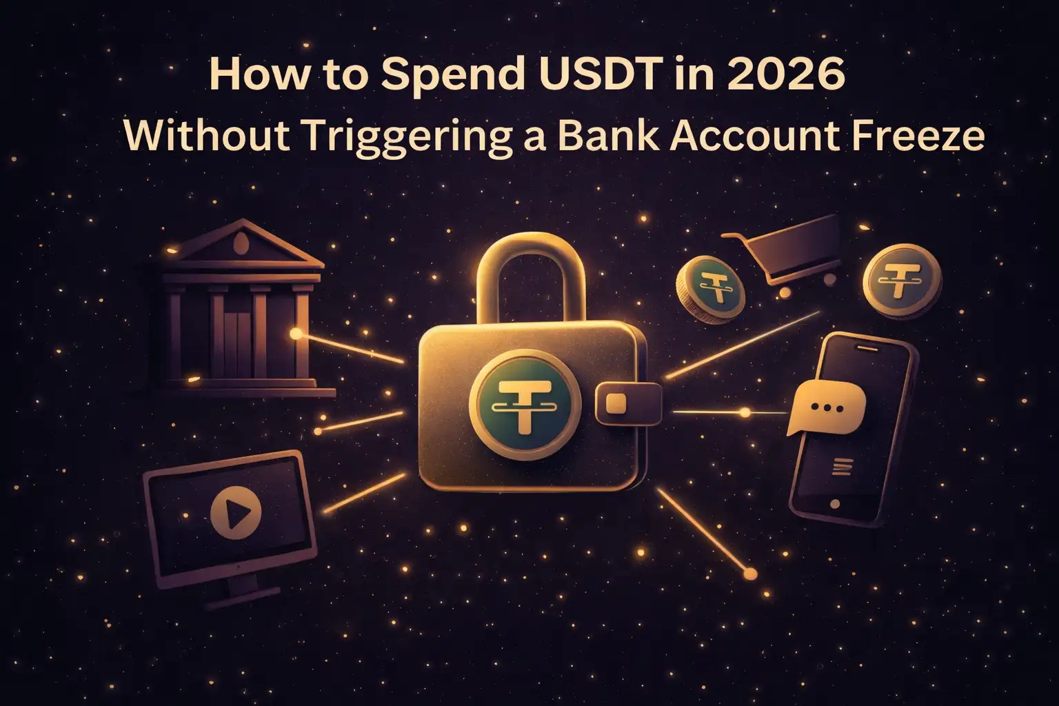 USDT Tether coin with a blocked bank building and gift cards in the background — how to spend USDT without triggering a bank account freeze