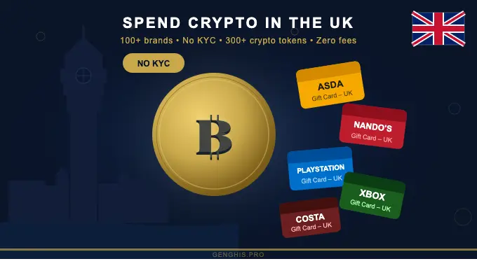 Bitcoin coin surrounded by UK gift cards including ASDA, Nando's, PlayStation, Xbox and Costa, with London skyline and Union Jack — spend crypto in the UK with Genghis.pro