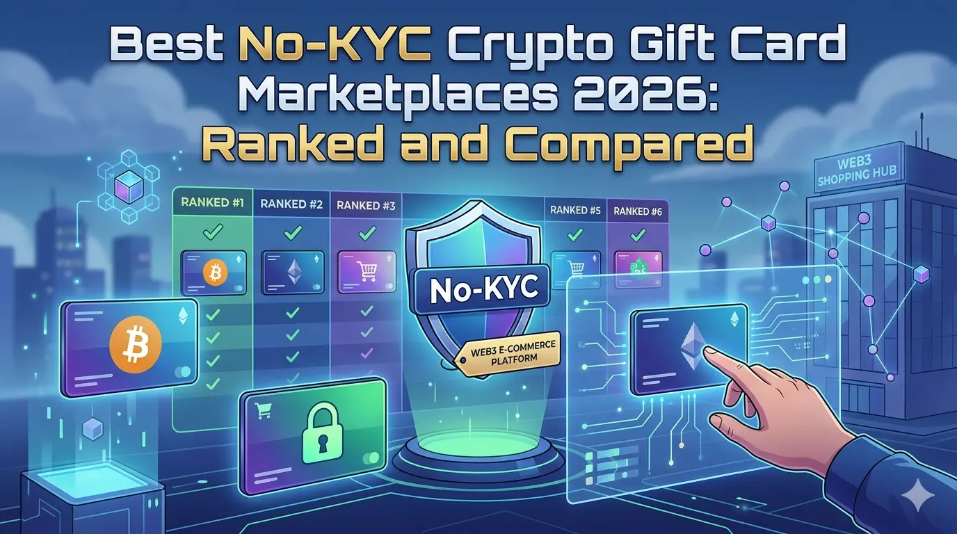 Comparison table of best no KYC crypto gift card marketplaces 2026 Genghis Bitrefill Coinsbee ranked by token support privacy and fees