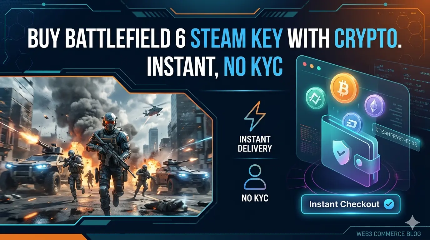 Battlefield 6 Steam key product page on Genghis showing $62.99 price with instant delivery and no KYC crypto payment