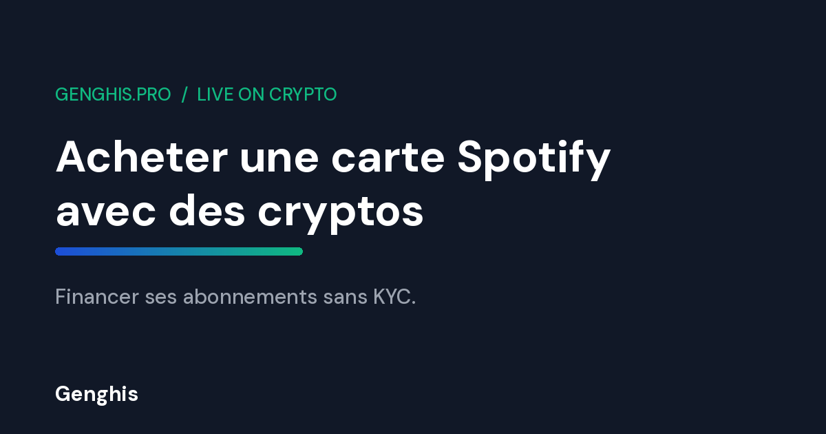Couverture Genghis du guide 2026 pour acheter une carte Spotify avec des cryptomonnaies sans verification KYC