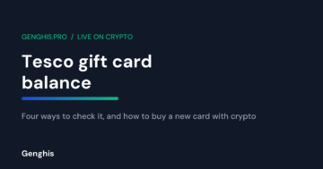 Tesco gift card balance checked on a phone, next to a crypto wallet ready to pay for a new Tesco card with Bitcoin